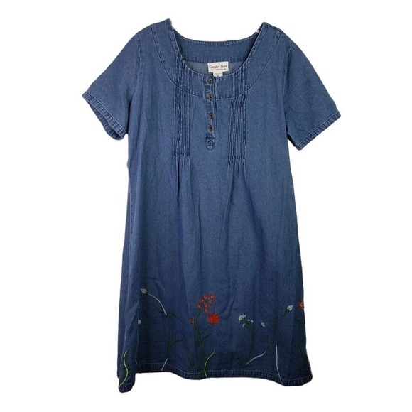 Country Store Denim Dress Modest Length Short Sleeve Floral Womens Size Medium - Picture 2 of 7